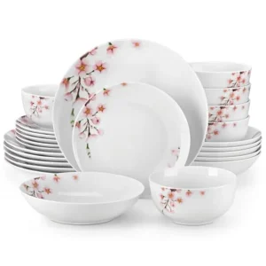 Dinnerware Set for 6 24 Pieces Porcelain Plates and Bowls with Pink Floral Design Microwave and Dishwasher Safe Classic Dining