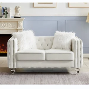 Beige, Two-seater Sofa, Velvet Crystal Buckle Upholstery Sofa, Crystal Feet, Removable Cushion, Two Plush Pillow