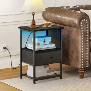 Beside Table With Charging Station, LED Nightstand With Fabric Drawers, End Table With PU Finish, Bedside Table, For Bedroom