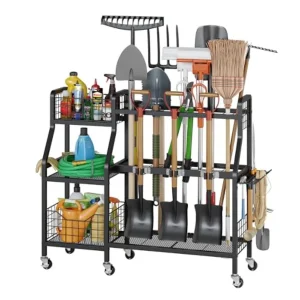 Garden Tool Organizer for Outdoor Storage, Heavy-Duty Steel, Black, 6-Wheel Mobility with 3 Lockable Casters and 2 Baskets