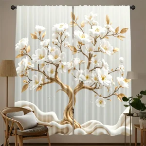 2D Flat,2pcs Magnolia Tree Curtains White Flower Gold Branch Print Drape